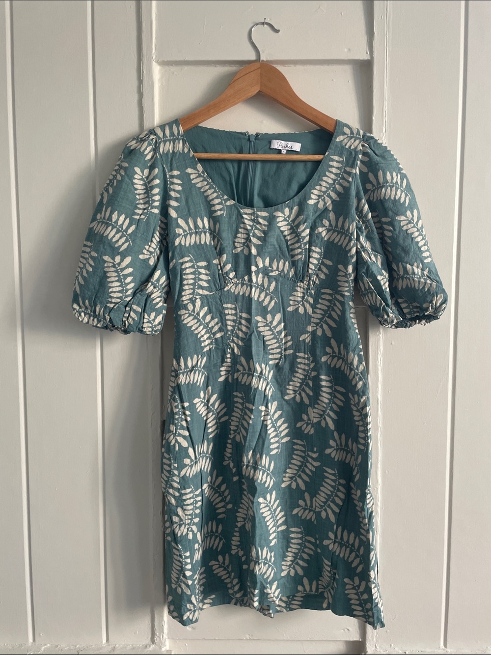 Parker Teal Leaf-Print Puff-Sleeve Dress